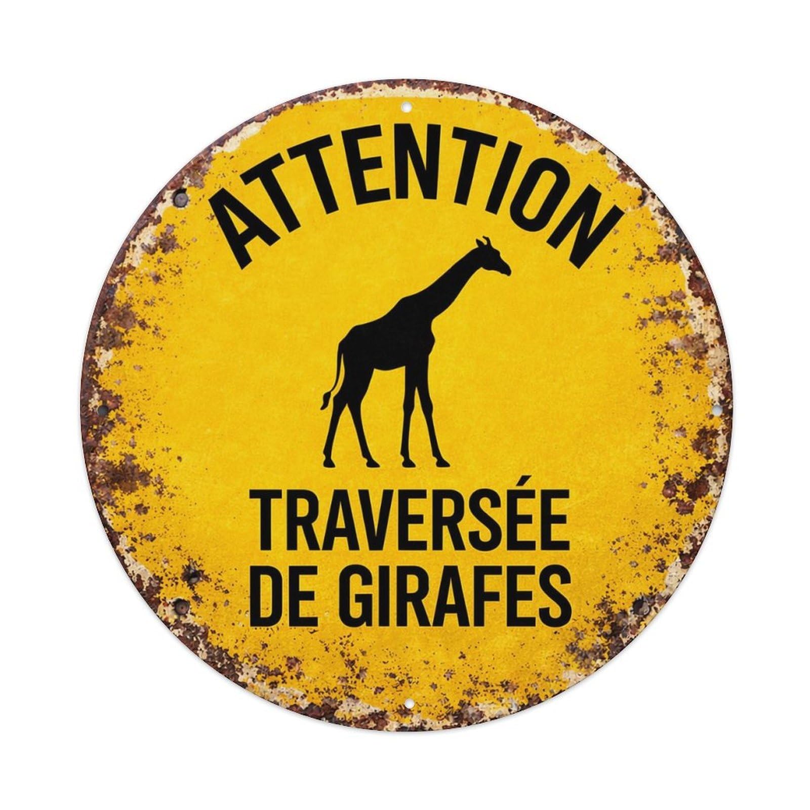 Attention Giraffe Crossing Sign Yellow Metal Tin Sign Plaque