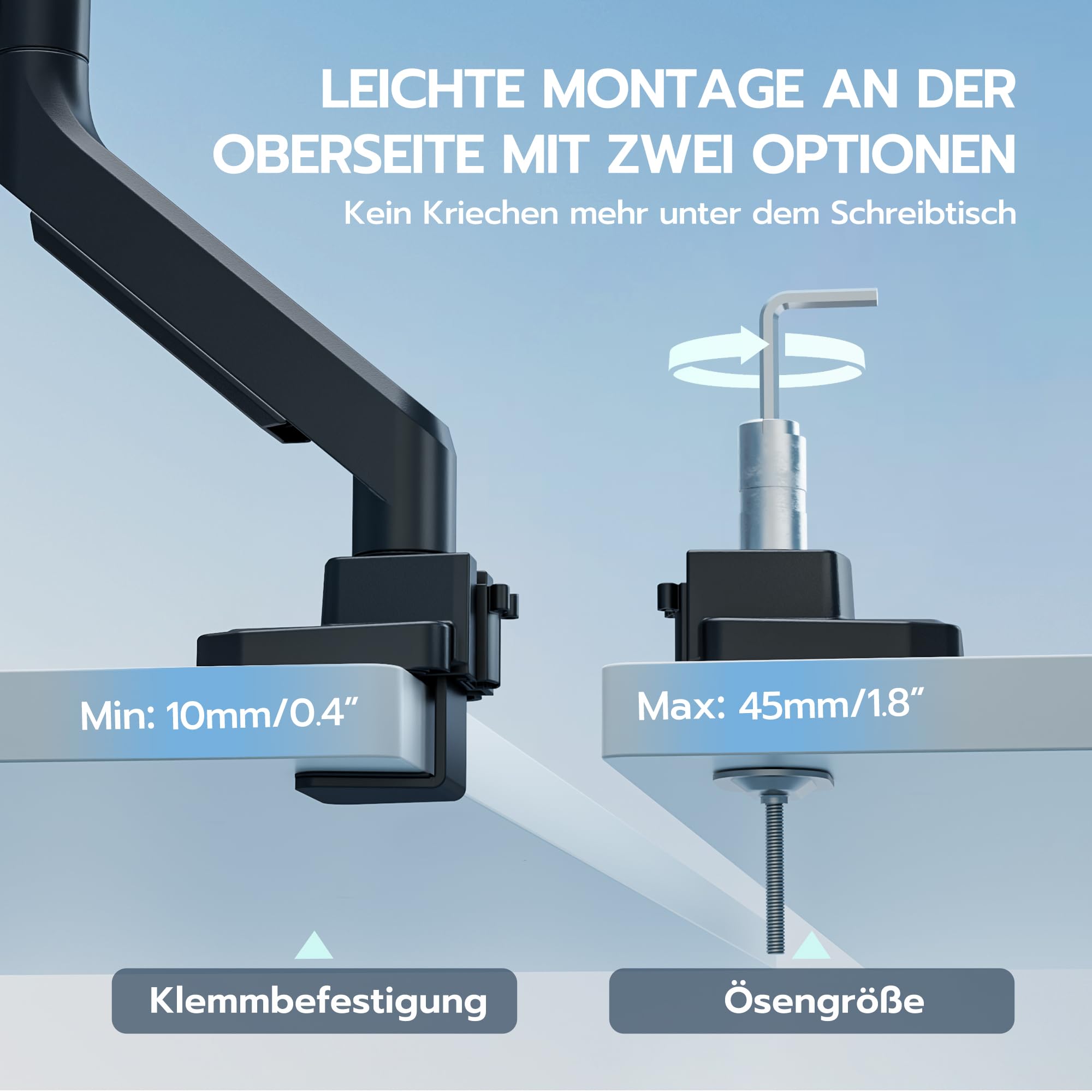 ARES WING Monitor Halterung für 17"-49" Flach Curved Bildschirm, Höhenverstellbar Bildschirmhalterung, Einzel Monitor Arm Traglast Max 18 kg, 75/100mm Vesa Halterung, Tischhalterung,Schwarz