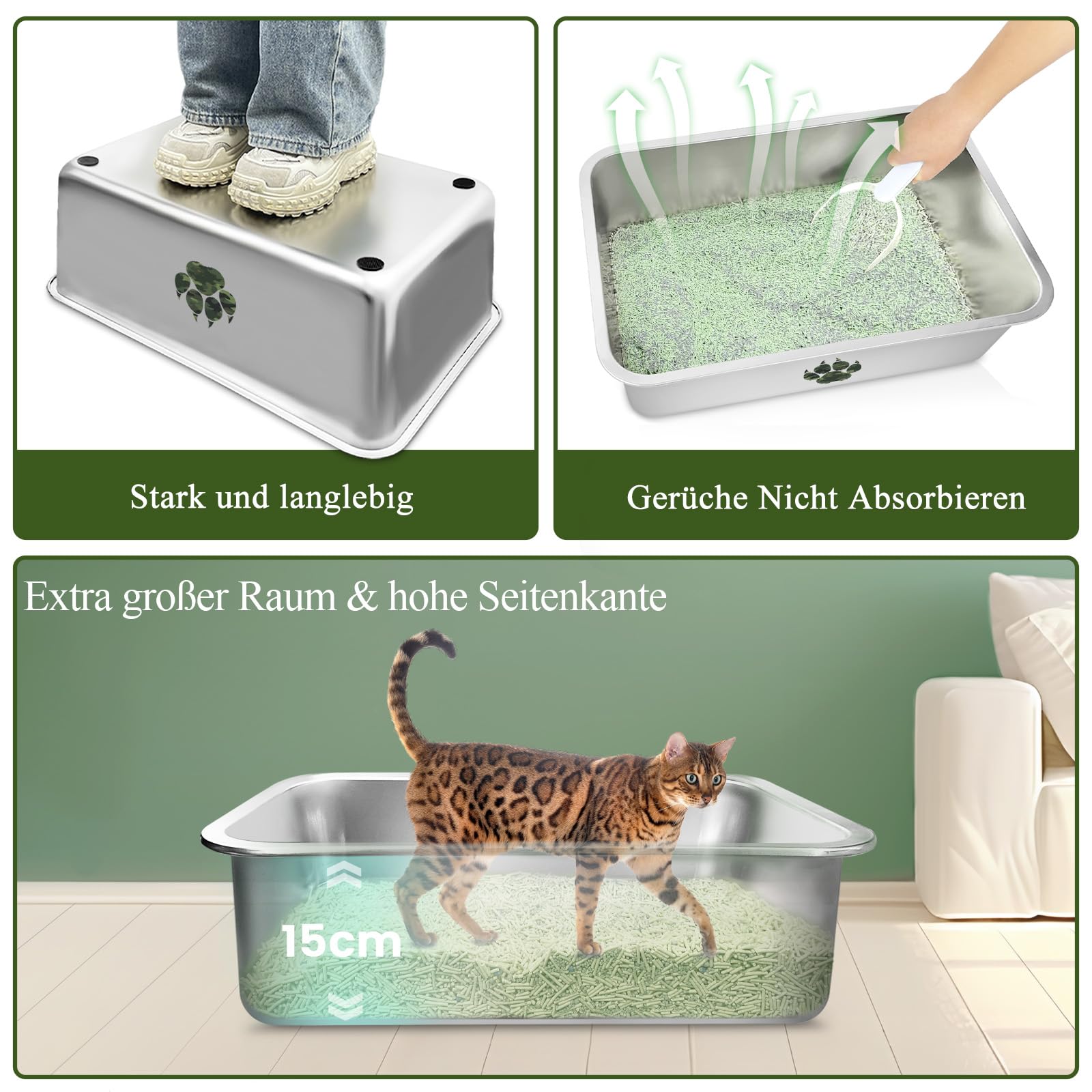 PTLOM Lettiera per gatti in acciaio inossidabile, grande lettiera per gatti in metallo, antispruzzo, inodore e antiaderente, adatta per gatti grandi e piccoli, conigli, mimetica Paw，60x40x15cm