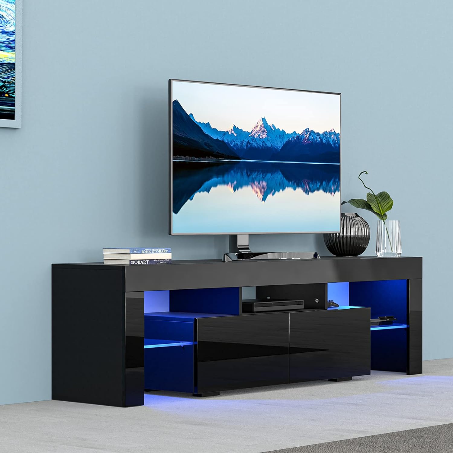 Glossy Led TV Stand Entertainment Center for 55 Inch TV, Modern TV & Media Console Table with Storage Drawer, Flat Screen TV Cabinet, Gaming Consoles for Living Room(63 Inch Black)