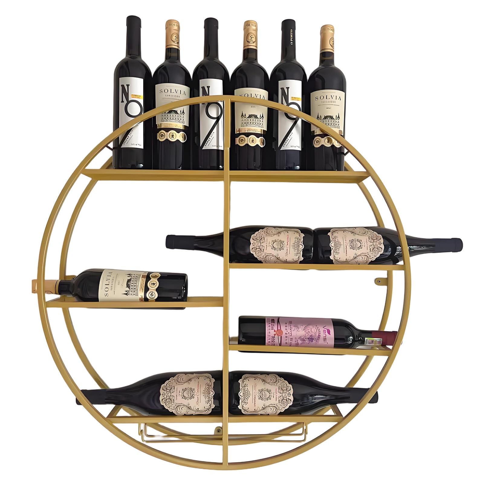 Casier à vin mural rond en métal avec porte-verre et étagères flottantes de style industriel