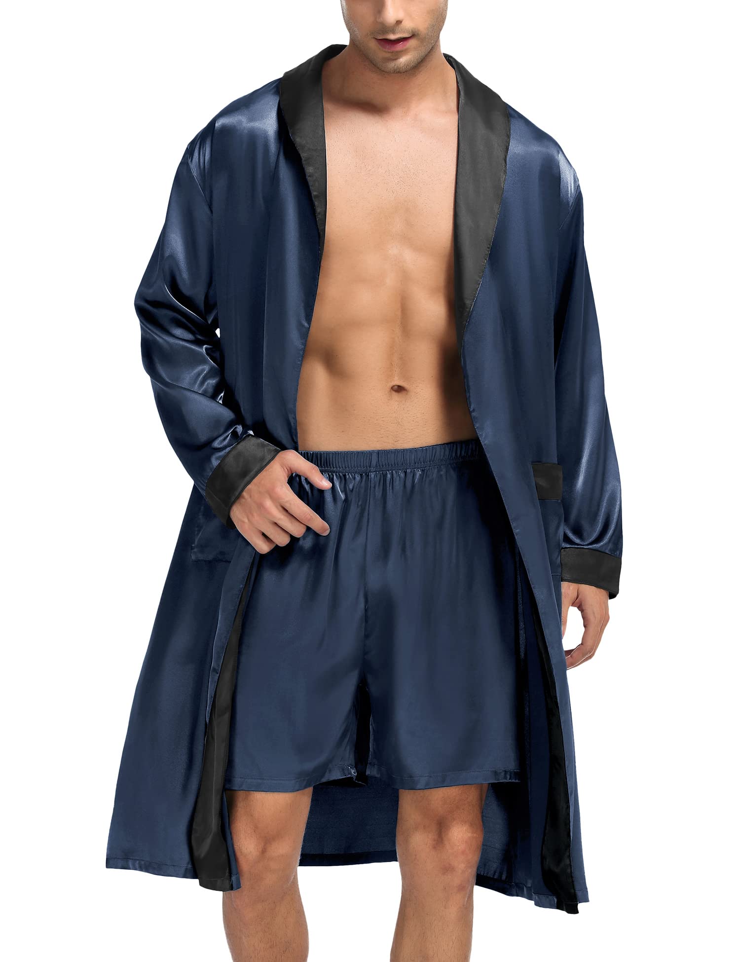 SWOMOG Men's Satin Robe with Shorts Set Silky Kimono Bathrobe Lightweight Soft Sleepwear
