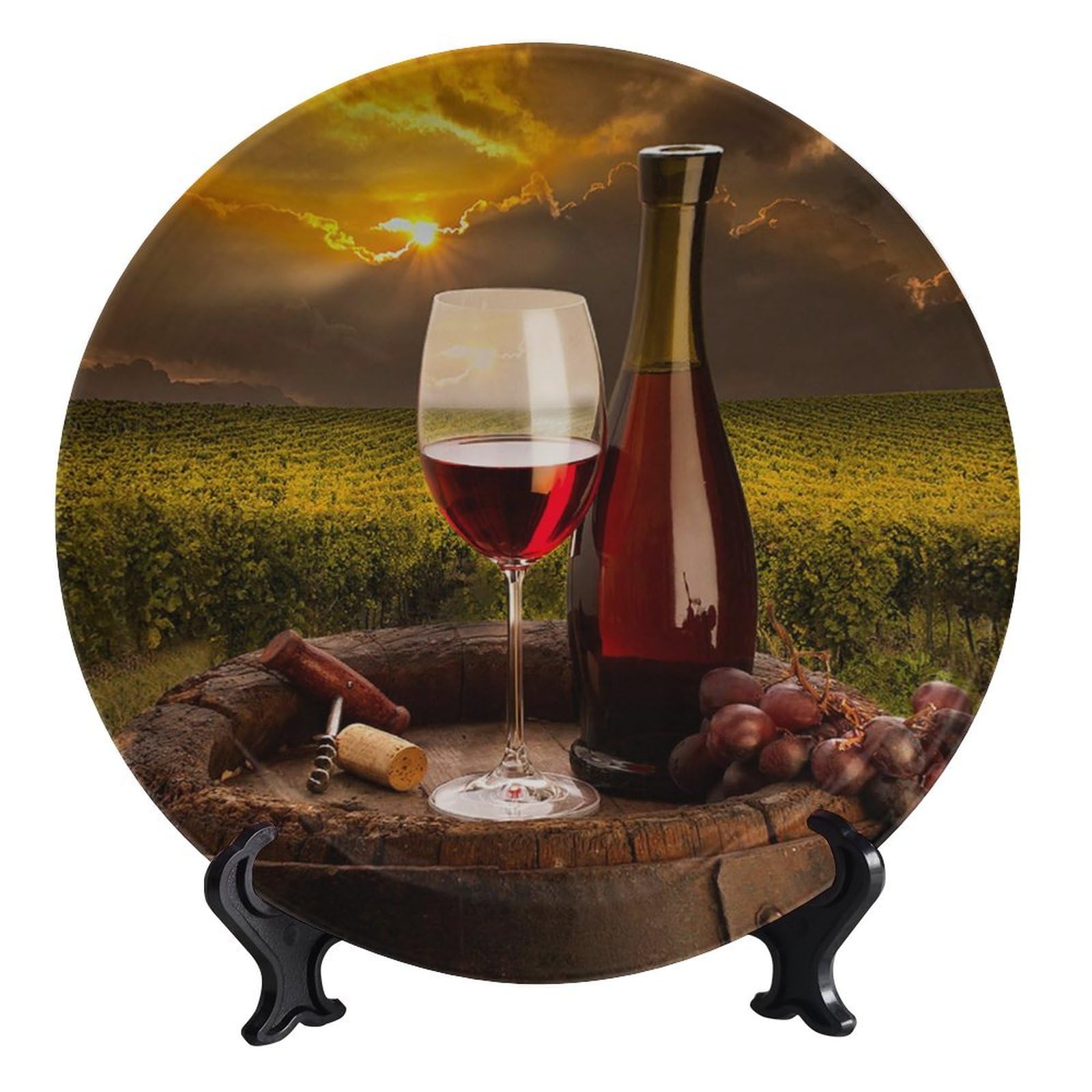 CLAMSUE Wine Bottle Theme Decorative Ceramic Plate, Old Barrels and Vineyards Round Decorative Plate, with Vertical Stand, for Kitchen Dining Room Wine Cabinet Home Art Decor, 8inch