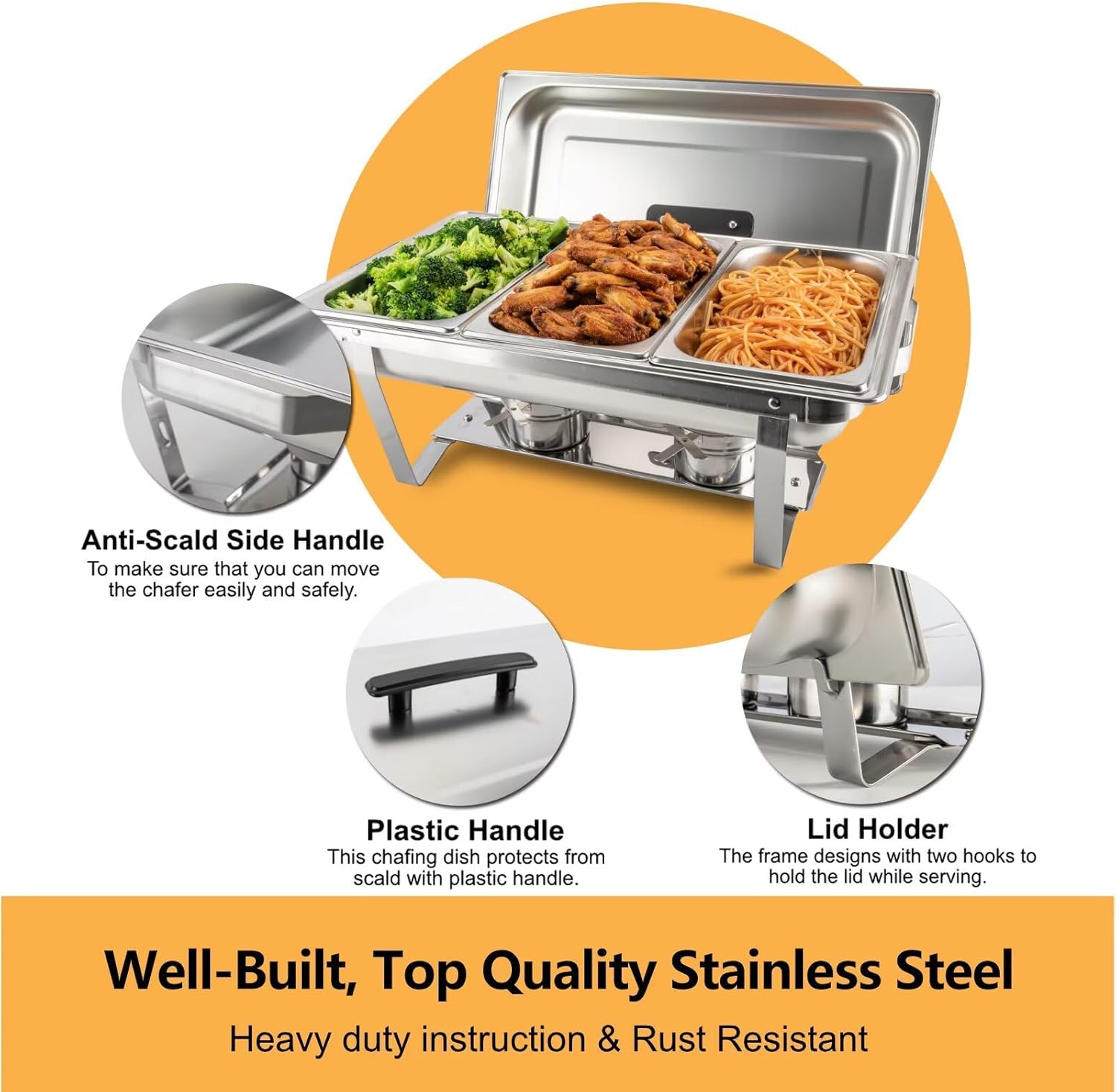 4 Pack Chafing Dish Buffet Set Stainless Steel 5 QT Round&8 QT Rectangular Chafers Food Warmers with Full,1/3 Rectangular&Round Food Pan,Fuel Holder,Foldable Frame For Catering Events - Image 7