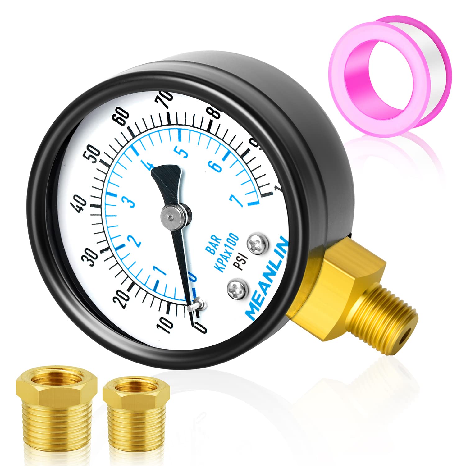 MEANLIN MEASURE0-100Psi 2" DIAL FACE 1/8"NPT Well Pump Pressure Gauge with 1/8" x 1/4" NPT and 1/8" x 3/8" NPT Hex Bushing, 3-2-3% Accuracy，Lower Mount