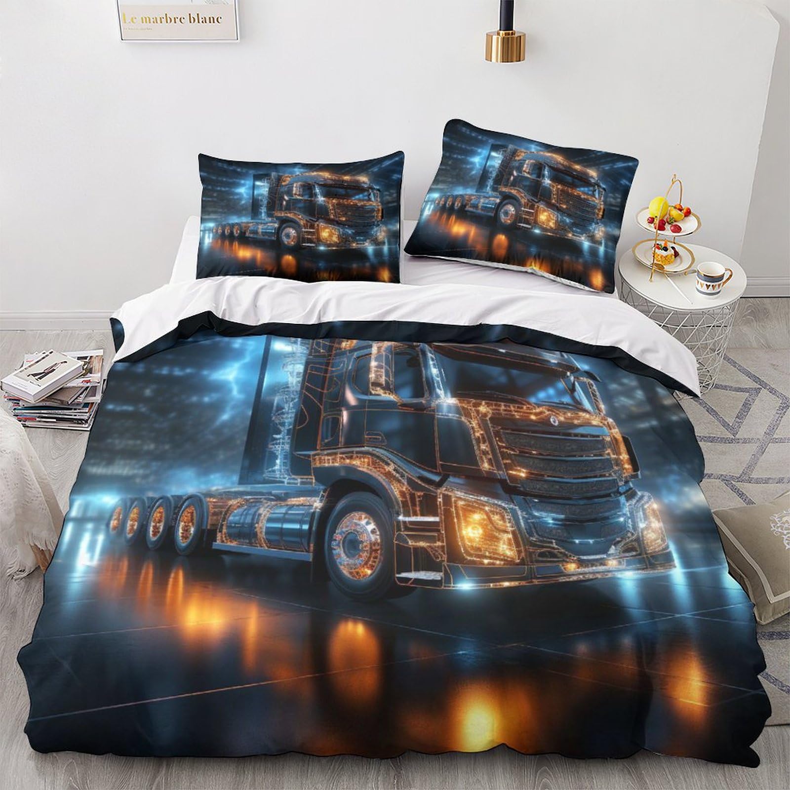 Geeyou Truck Finesse Cars Bedding Set Hidden Zipper Duvet Cover Set With Pillowcases Quilt Cover Set Sleeping Aid Comforter Cover Various Sizes For Kids Adults King（220X240cm）