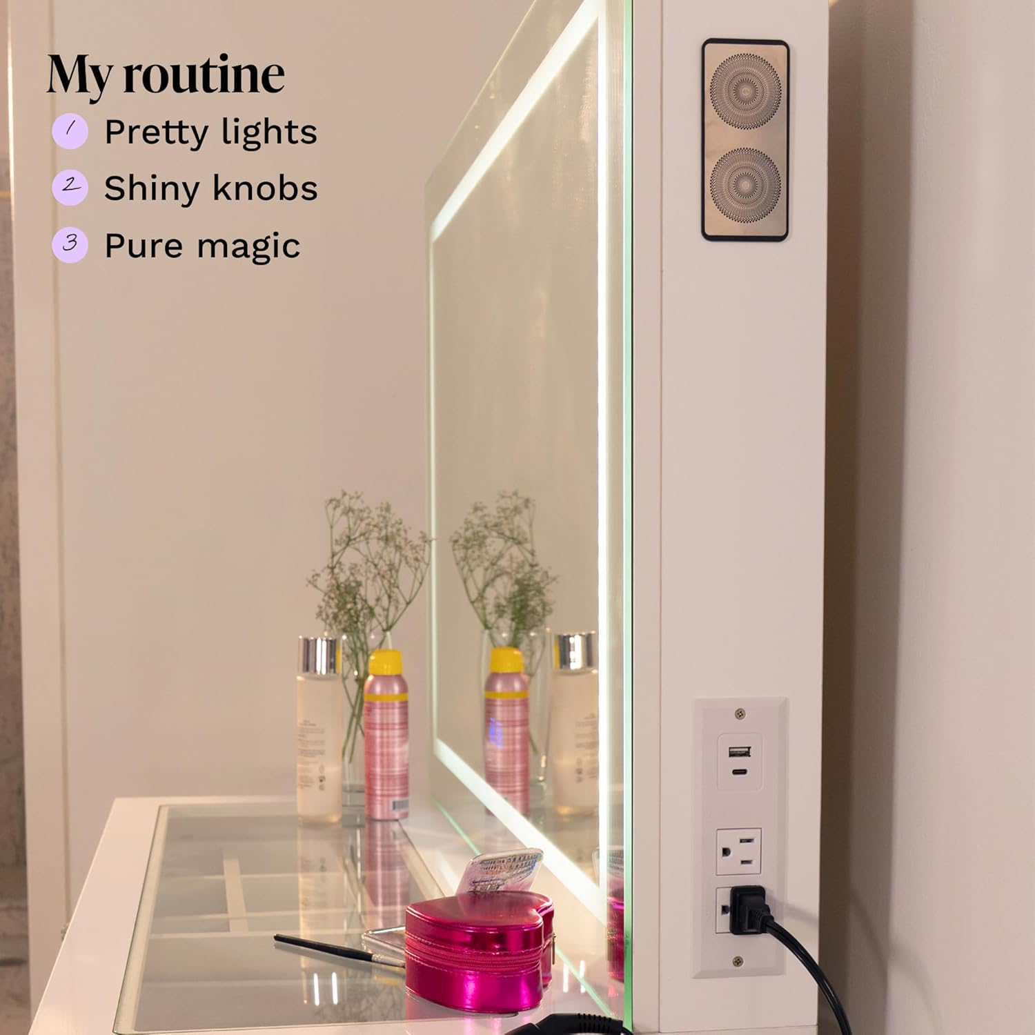 Boahaus Cleo Vanity Desk with Framed Bulb Mirror & Stool – 5 Drawer Makeup Station with Integrated Power