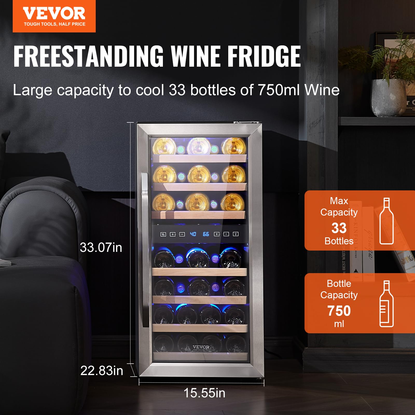 VEVOR 33-Bottle Wine Cooler, Dual Zone & Dual Temperature Wine Fridge, Freestanding Refrigerator With Circulating Air-Cooling And Digital Control, Tempered Glass Door With Uv Protection, For Home Bar on Fridge.com - View 2
