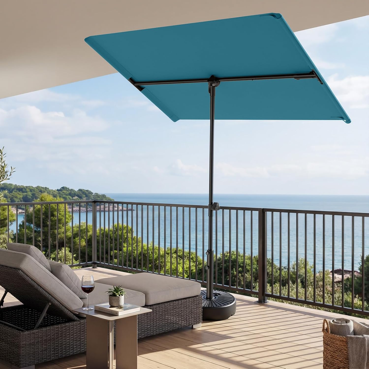 HOMSHADE 6x4ft Outdoor Balcony Umbrella - Flat Porch Pool Patio Umbrella Rectangular Canopy Shade UPF50+ UV Protection 360° Rotating & Tilting All Angles Applicable (Light Blue, No Base)