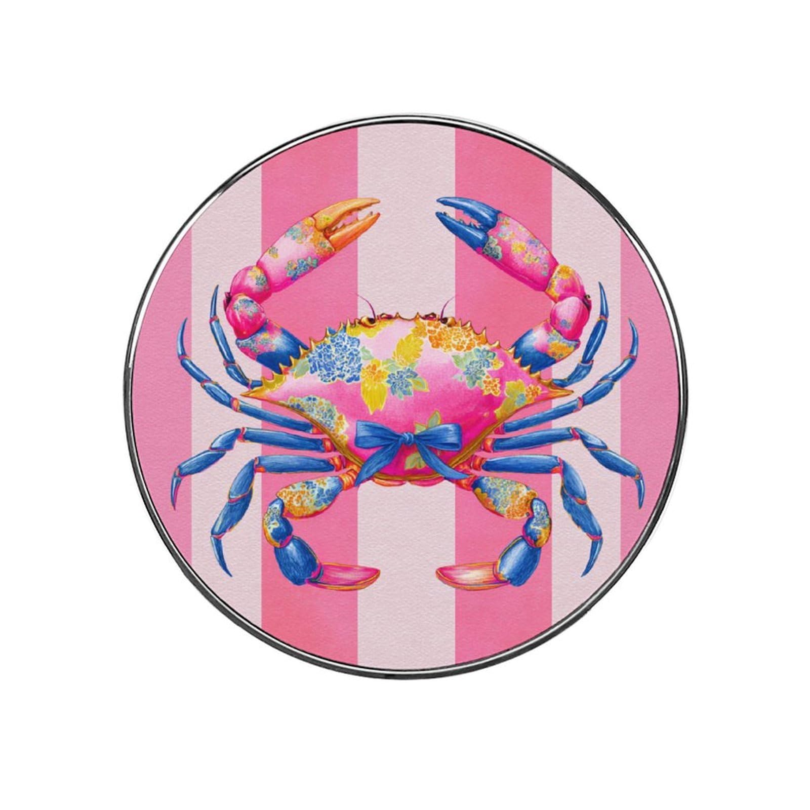Preppy Neon Pink Crab with Blue Bow Fridge Magnets DIY Art Round Magnetic Refrigerator Sticker for Home Kitchen Car Garage Decor