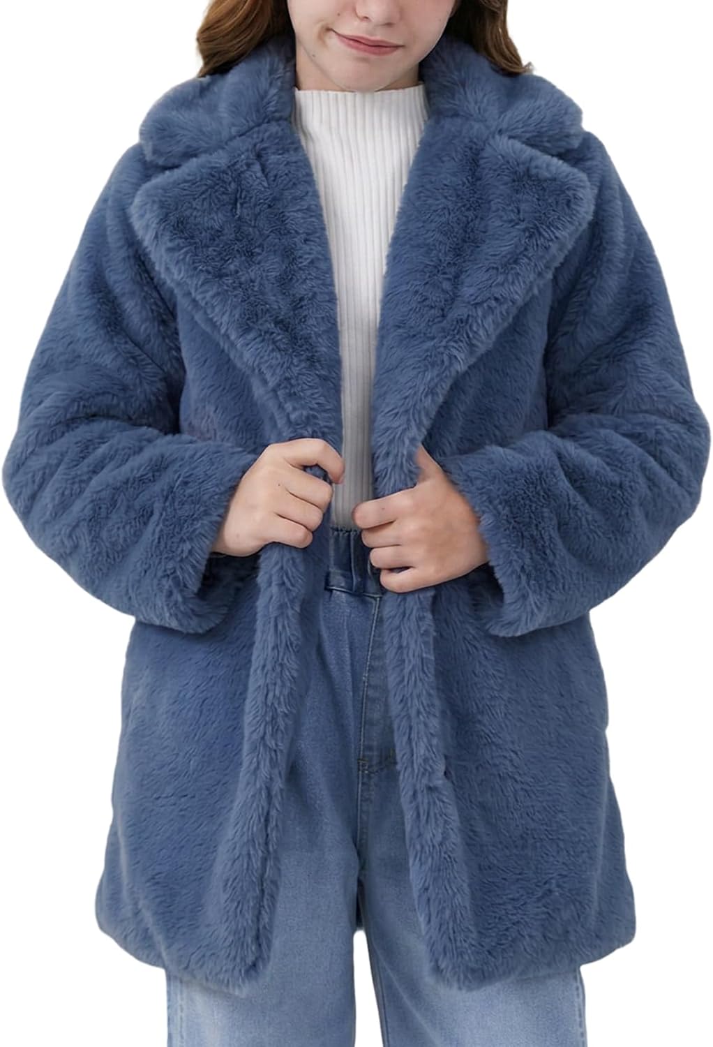 Girls Faux Fur Coat Fluffy Lapel Furry Jacket Long Sleeve Shaggy Long Coat Winter Warm Coats Outerwear
