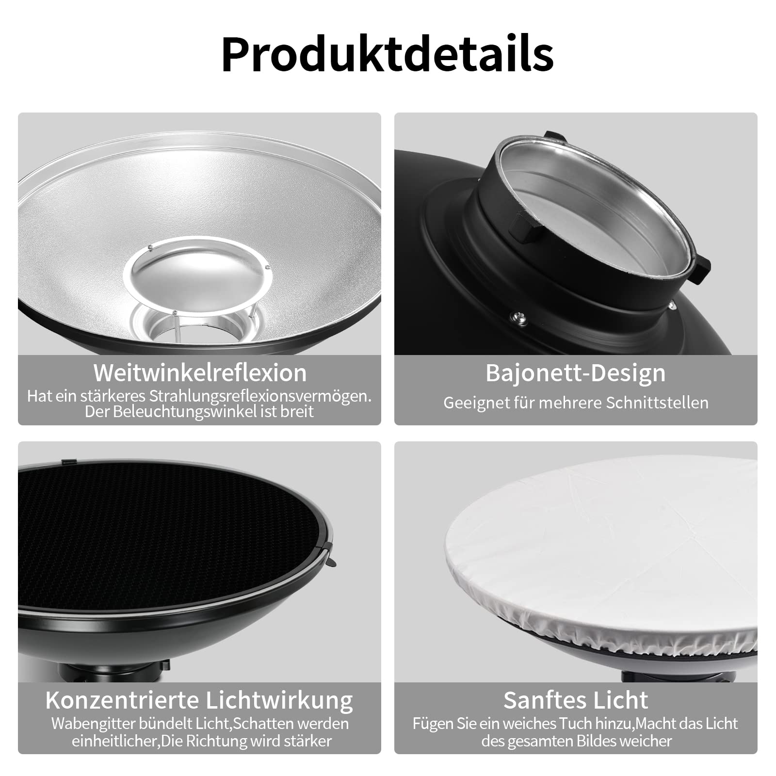 Soonpho Beauty Dish 30 cm/12 Zoll Standard Reflektor mit Schwarz Wabengitter,Silber Diffusor und Aufbewahrungstasche,Fotostudio Strobe Blitzlicht Reflektor für Bowens Mount Studioblitz
