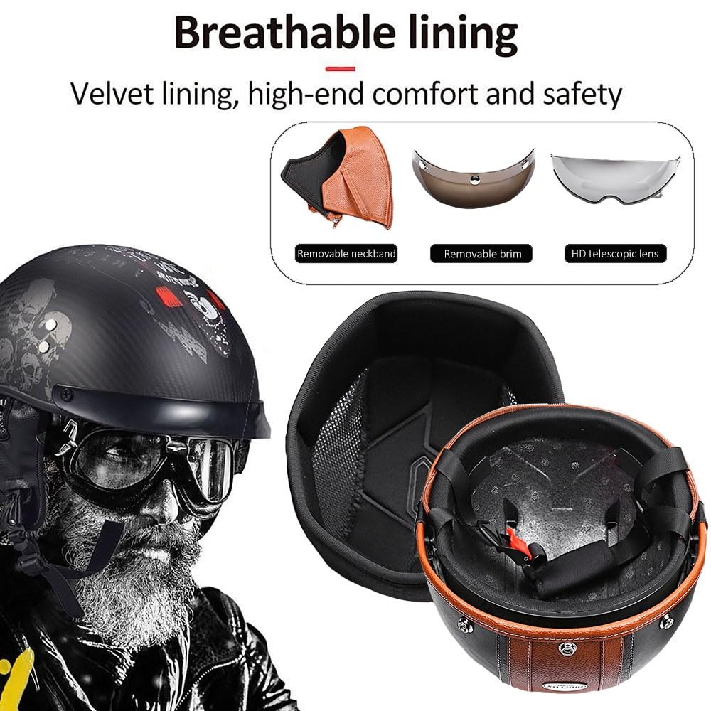 Retro Leder Halbschalenhelm ECE-zertifizierter -Design mit Hochfestem ABS PC-Visier - Abnehmbares Innenfutter, Schnellverschluss, für Chopper/Moped/Roller - HerrenDamen (C, L57~58CM)