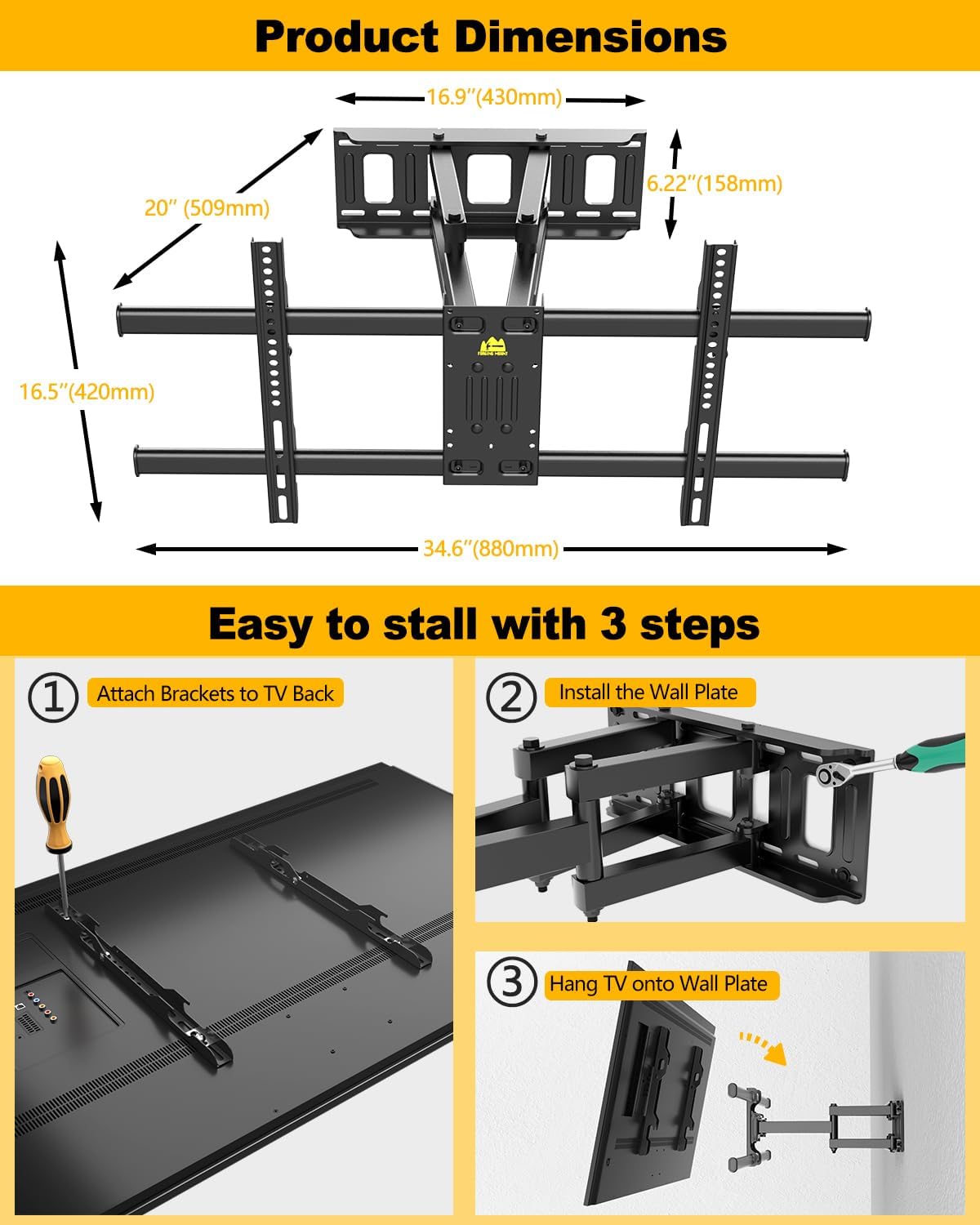 FORGING MOUNT Full Motion TV Wall Mount for 42–95 Inch Screens, Pre-Assembled TV Mount for Easy Install, Swivel, Tilt,Universal Wall Mount Bracket,VESA 800x400mm Holds 154 lbs, 12″/16″ Wood Studs