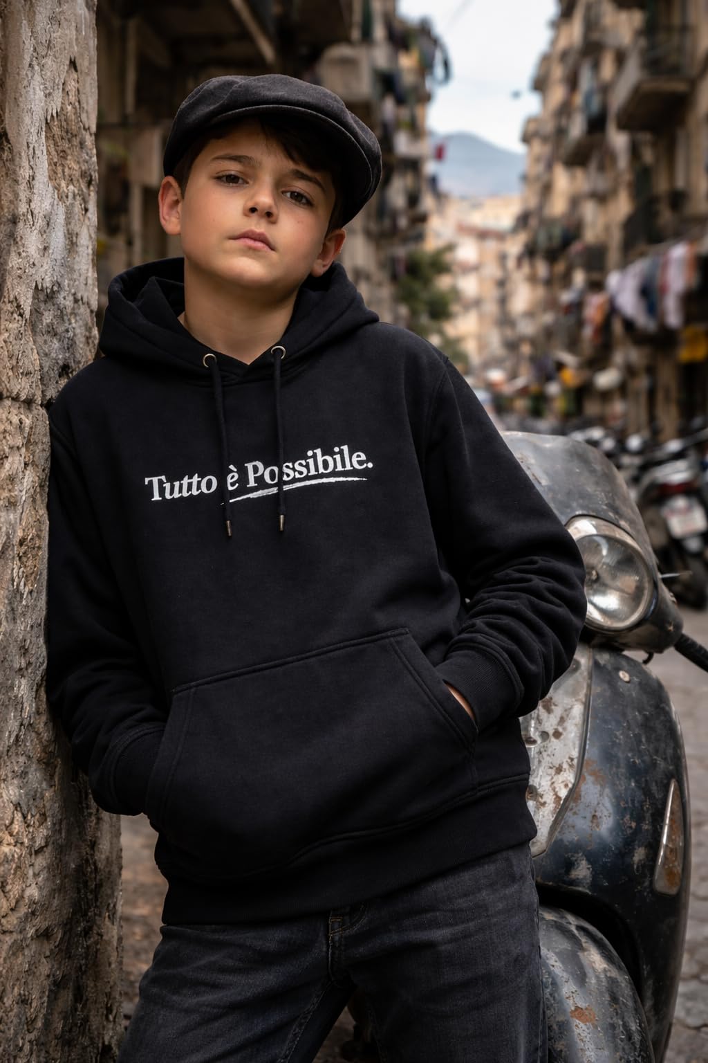 GEOLIER Official “Tutto È Possibile” – Felpa Nera con Cappuccio – Logo Album sul Fronte e Foto Ufficiale sul Retro – Merchandising Ufficiale