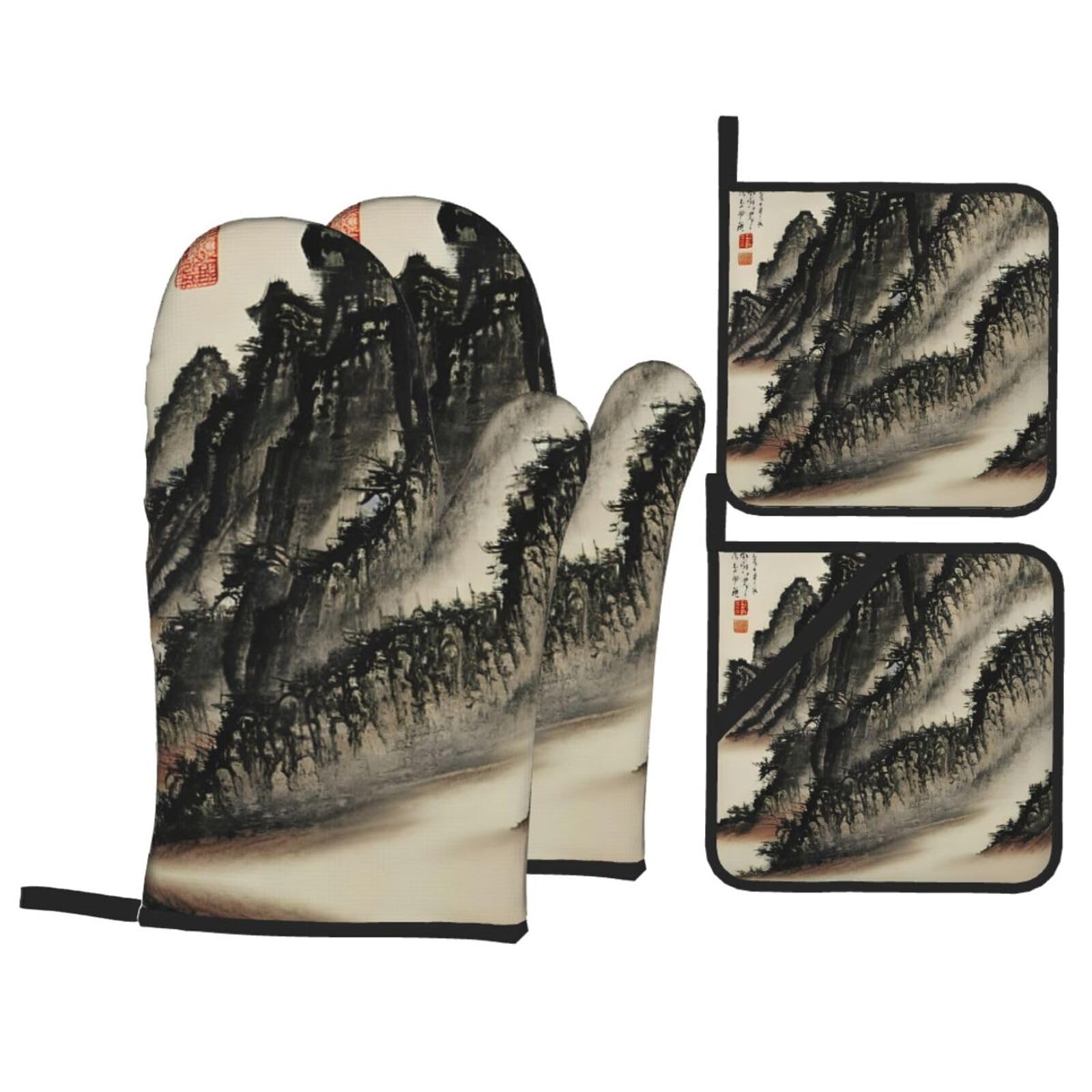 Chinese painting Print Oven Microwaving Waterproof Kitchen Gloves for Baking Grilling Holiday Cooking