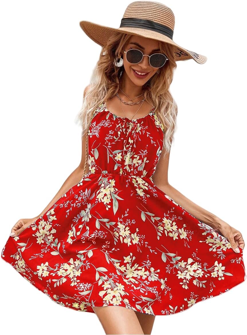Womens Summer Flowy Spaghetti Strap Dress Floral Mini Dresses for Women 2025 Casual