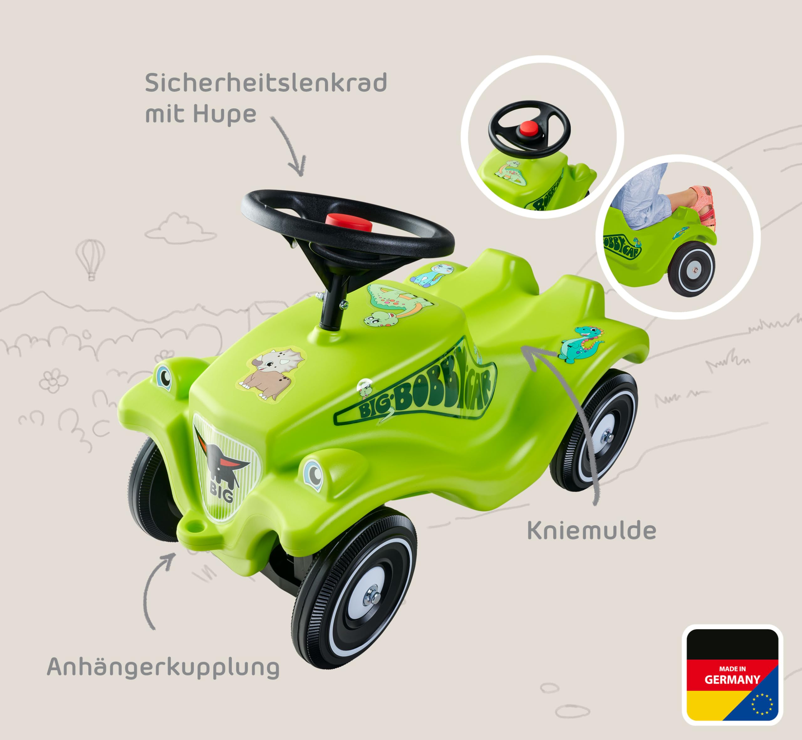 Big Bobby Car Classic Dino samochód od 1 roku w kolorowym wzornictwie z motywem dinozaura, z czarną kierownicą bezpieczeństwa i klaksonem, dla dzieci od 12 miesięcy (do 50 kg), zielony z naklejkami