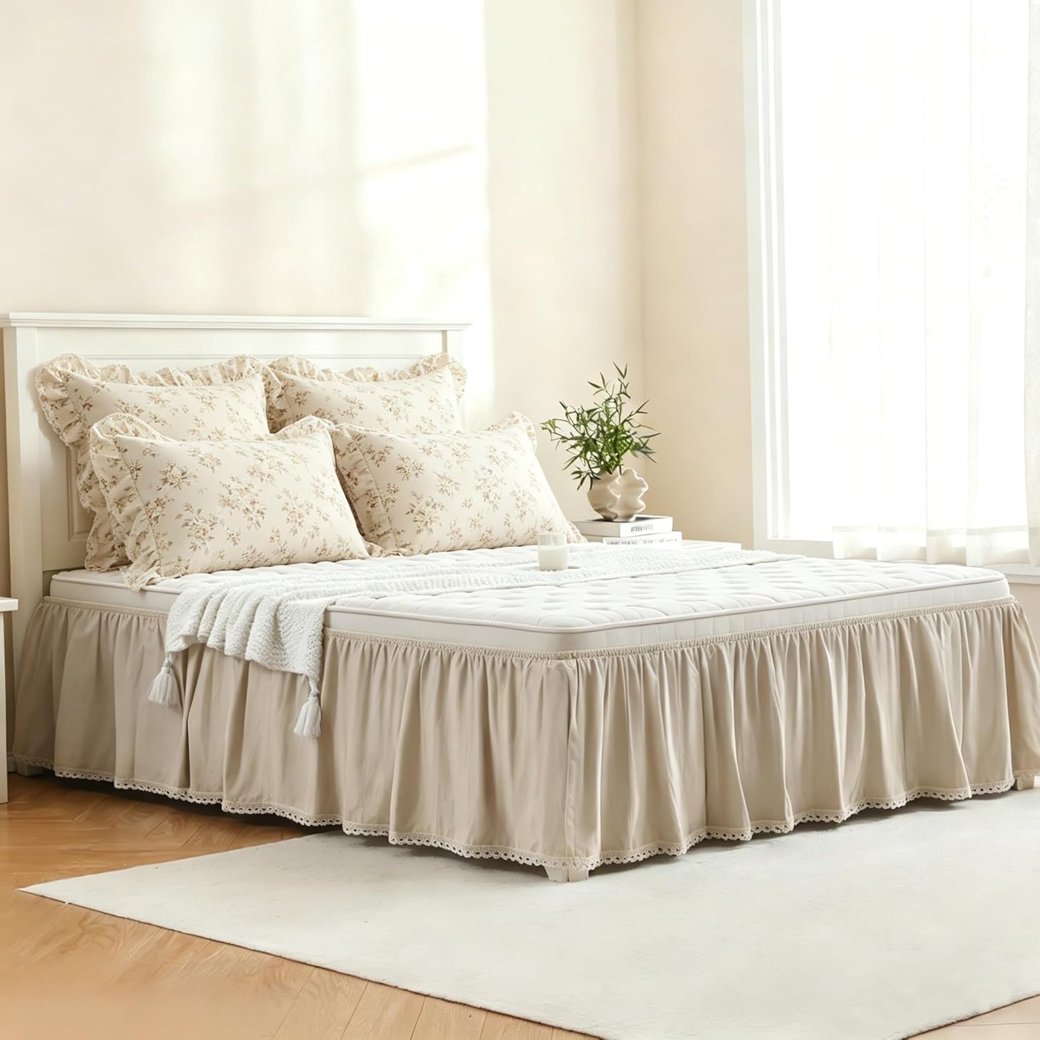 Crochet Edge Lace Wrap Around Dust Ruffle, Beige Lightweight Cotton Ruffled Bed Skirt with Split Corners, Queen Size 18" Drop with Elastic Strap, Easy Fit