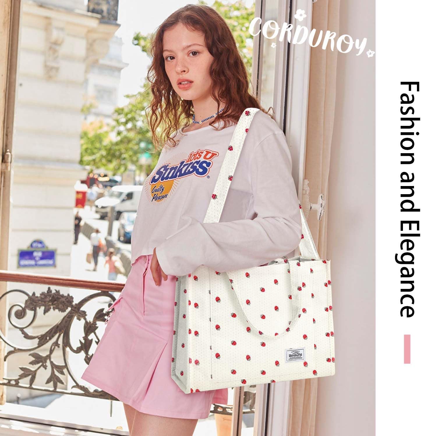 BINSUNS Corduroy Tote Bag for Women Small Satchel Bag Mini Tote Bag Aesthetic Crossbody Handbag - School Work Travel Shopping image 2