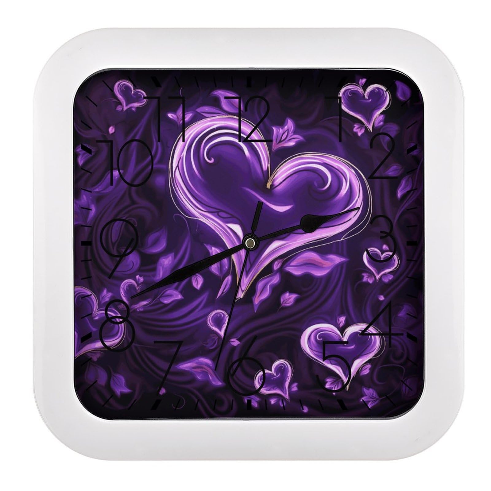 Horloge murale carrée silencieuse en plastique violet pour décoration maison