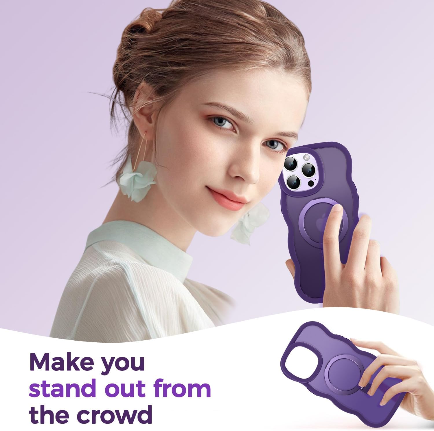 [Cute Wave Frame+Mag Stand] Designed for iPhone 14 Pro Max Case, [Fit for MagSafe] Translucent Silicone Protective Magnetic Ring Phone Case Cover for iPhone 14 Promax 6.7 inch Men Women, Purple - Image 9