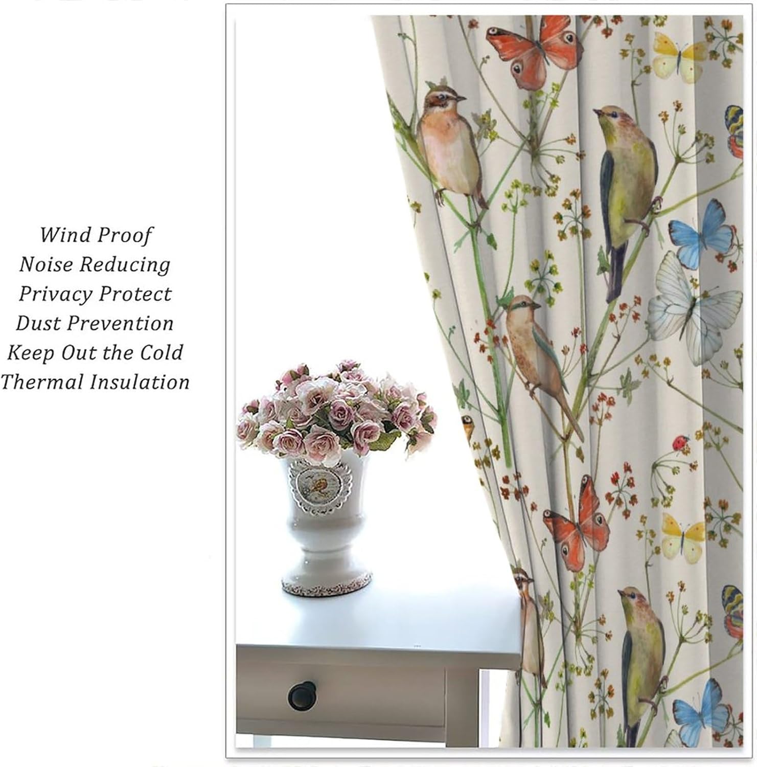 Floral Plant Curtain Animal Bird Watercolor Butterfly Branch Beige Printed Curtain Decor Curtain Living Room Bedroom Blackout Privacy Noise Reduction Curtain 42x54 Inches 2 Panels