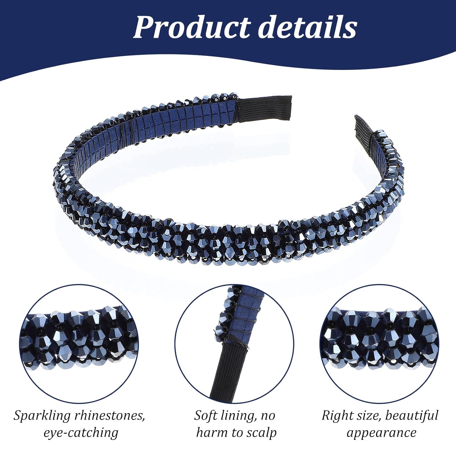 Sparkly Crystal Rhinestone Headbands, 4 Rows Navy Crystal Diamond Beaded Hair Hoop Fashion Non Slip hairbands Bling Cute for Women Wedding Holiday Party - Image 4