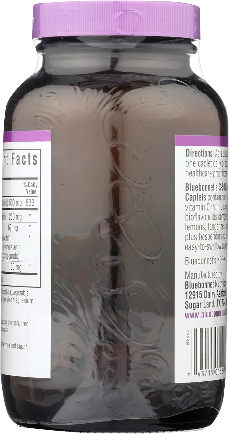 Bluebonnet Nutrition C-500 mg Plus Bioflavonoids Caplets, Vitamin C 500 mg, Citrus Bioflavonoids 250 mg, for Immune Health, Soy Free, Gluten Free, Non-GMO, Kosher, Dairy Free, Vegan, 180 Caplets