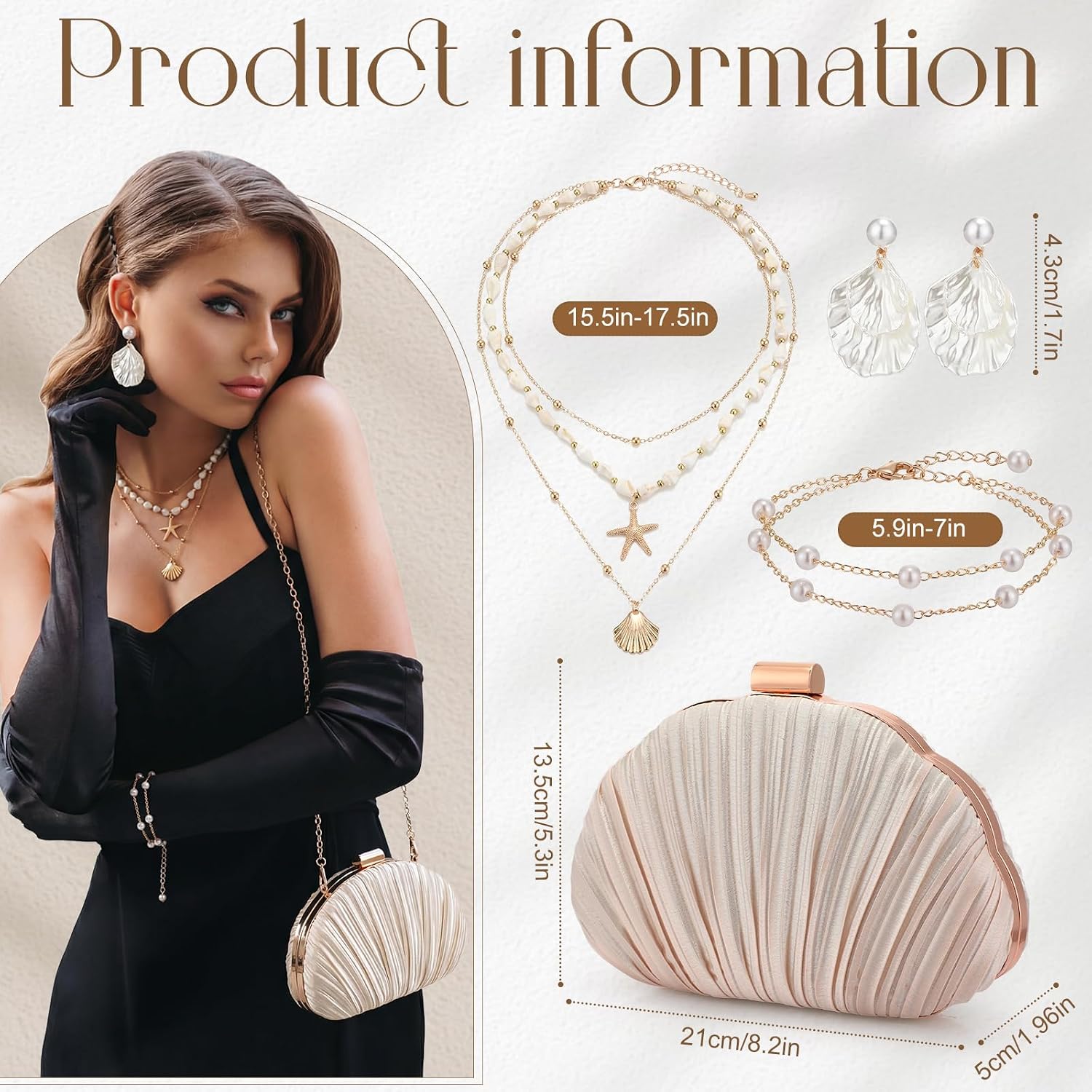 Tondiamo 4 Pcs Women's Seashell Shaped Clutch Purse Set with Seashell Pearl Stud Earrings Pearl Bracelets Starfish Necklace for Women Summer Beach Holiday Party Accessories image 3