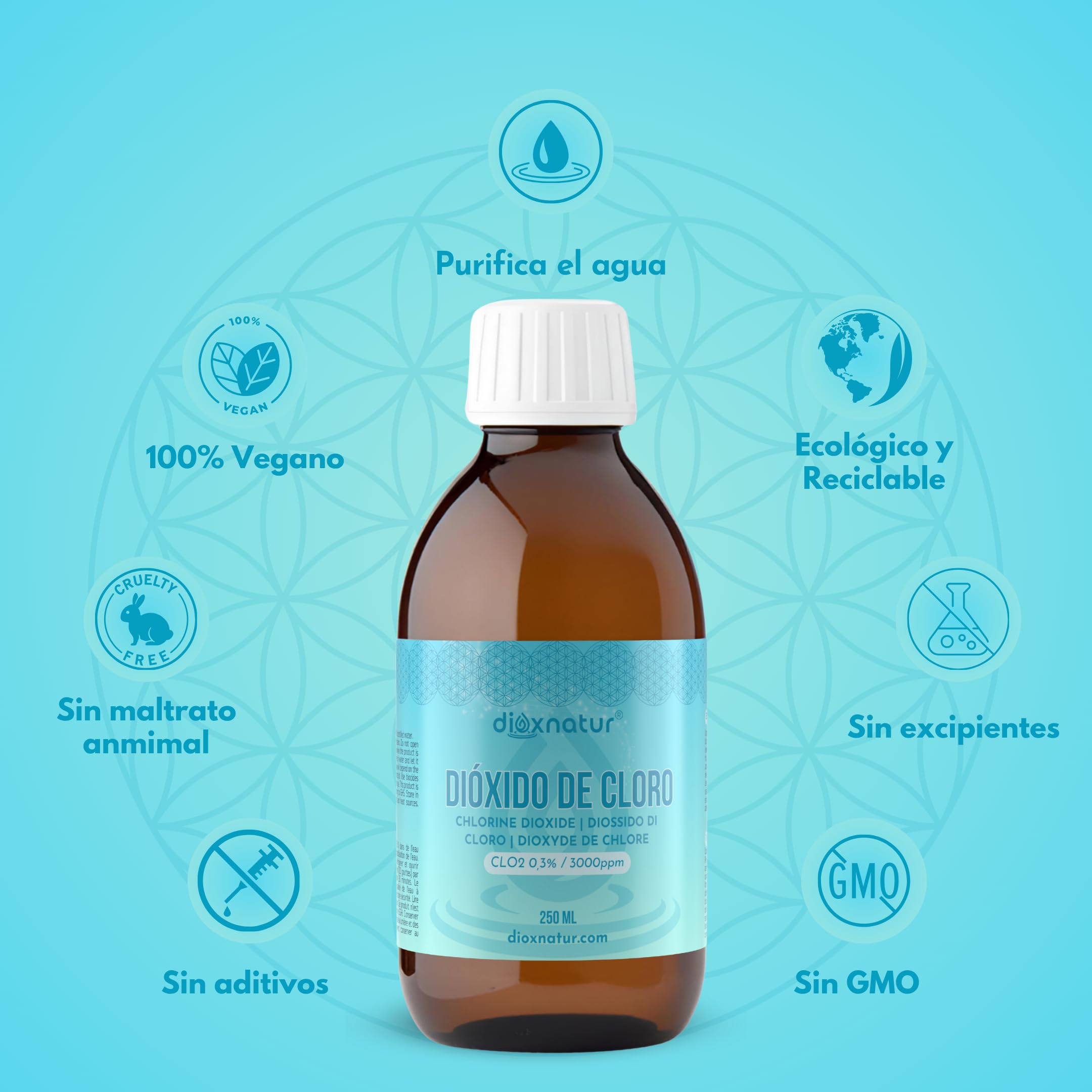 Dióxido de Cloro 3000 ppm 250 ml CDS Fabricado en España Botella de Vidrio