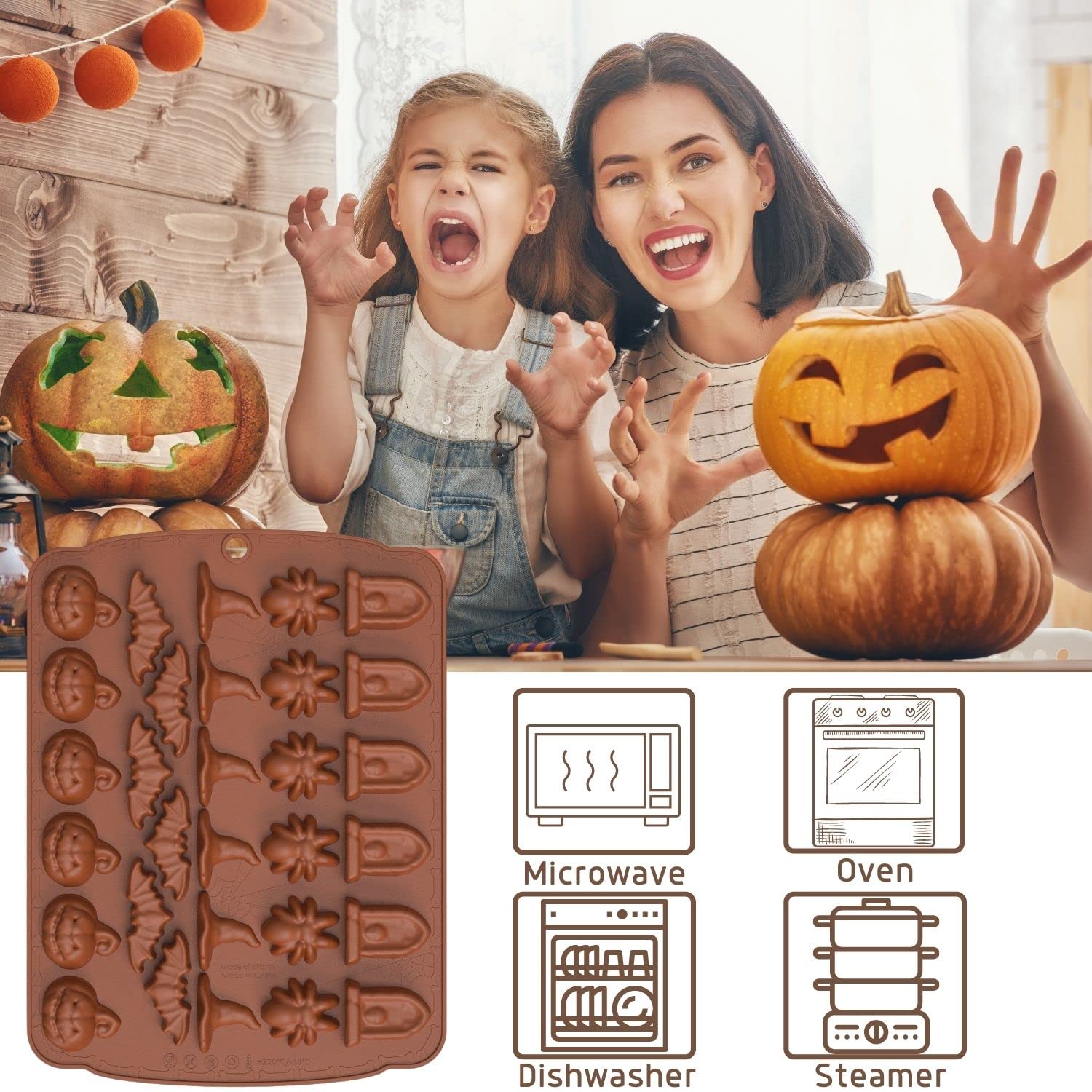 Keepaty Moule à chocolat d'Halloween – 1 pièce 30 cavités en silicone moule à fondant en forme de citrouille, chauve-souris, chapeau de sorcière, araignée, pierre tombale pour Halloween