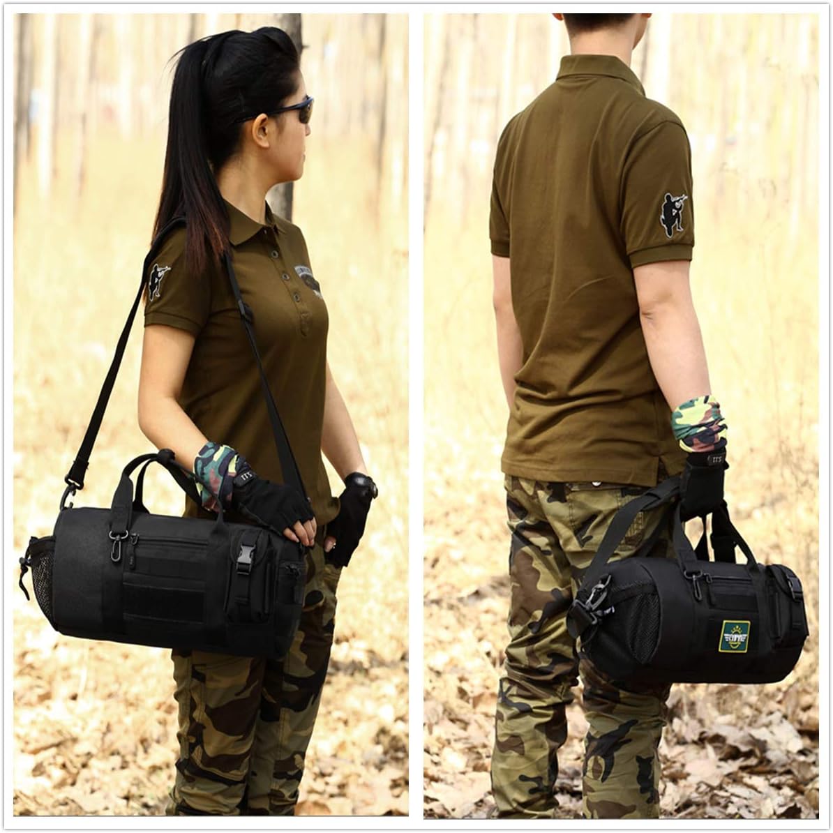 UNISTRENGH Tactical Duffle Cylinder Packs Tote MOLLE Handbag Gear Military Travel Carry On Shoulder Barrels Messenger Bags Small Valise (Black)