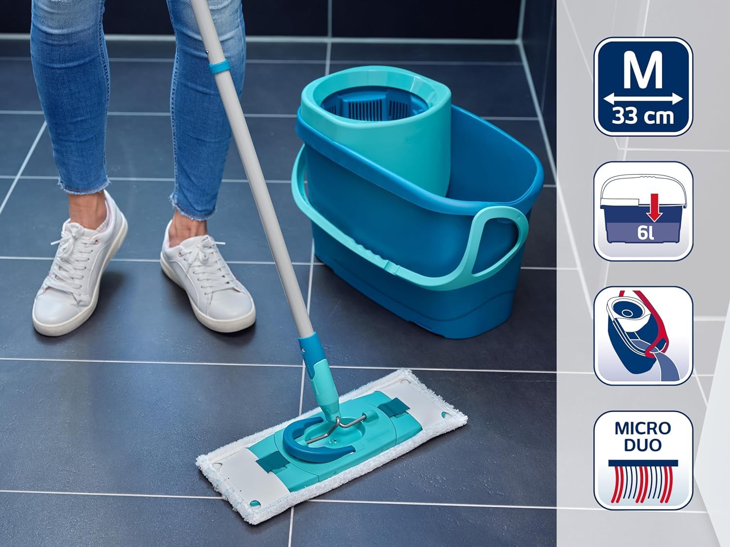 Leifheit Set Scopa Lavapavimenti CLEAN TWIST M Ergo, Strizzatura Rotante | Secchio 6 l con stop umidità, manico telescopico 110-140 cm, panno micro duo e duster static per pavimenti duri