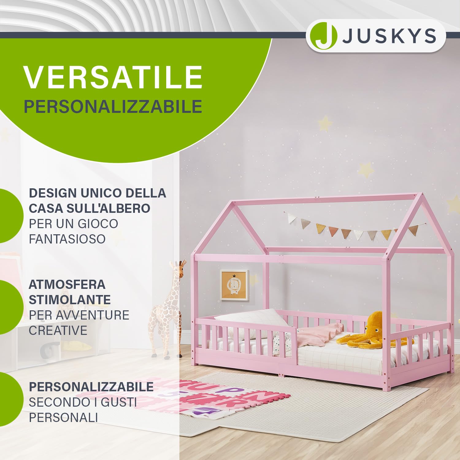 Juskys letto per bambini Marli 90 x 200 cm con barriera anticaduta, rete a doghe e tetto - Letto casetta in legno massiccio per bambini - Colore Rosa