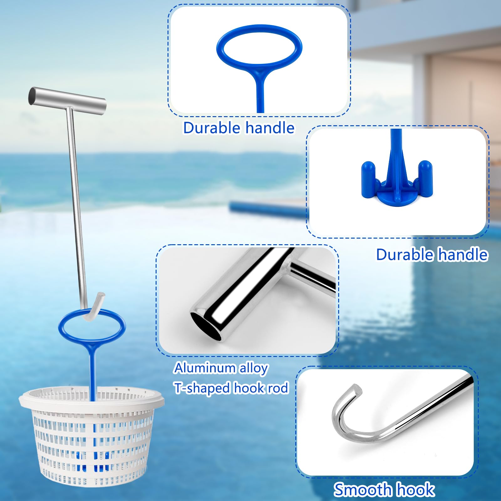 2 asas de cesta de skimmer de piscina con gancho de cesta de skimmer de piscina, herramienta de limpieza universal para todas las cestas de skimming, herramienta de limpieza de mango de cesta