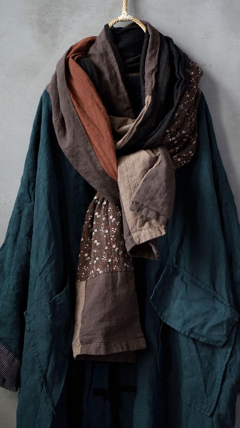 NFYM Women Autumn Winter Warm Long Scarf Comfortable Cotton Linen Retro Patchwork Scarfs Each Piece Unique