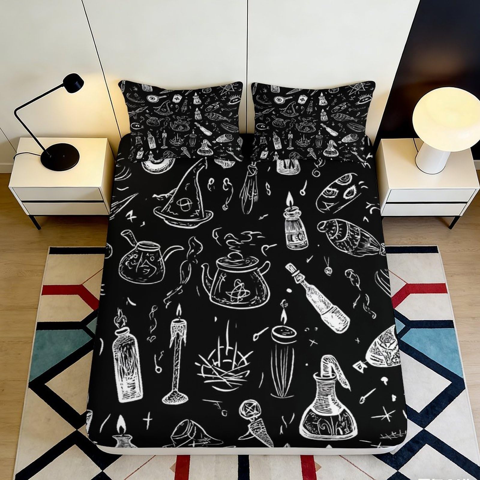 Jqzkxnhpbr Style-10 3D Printed Potion Bottle Fitted Sheet Microfiber Soft Black Witch Spell Bed Cover For Bedroom Dorm Decor 90X200x25cm