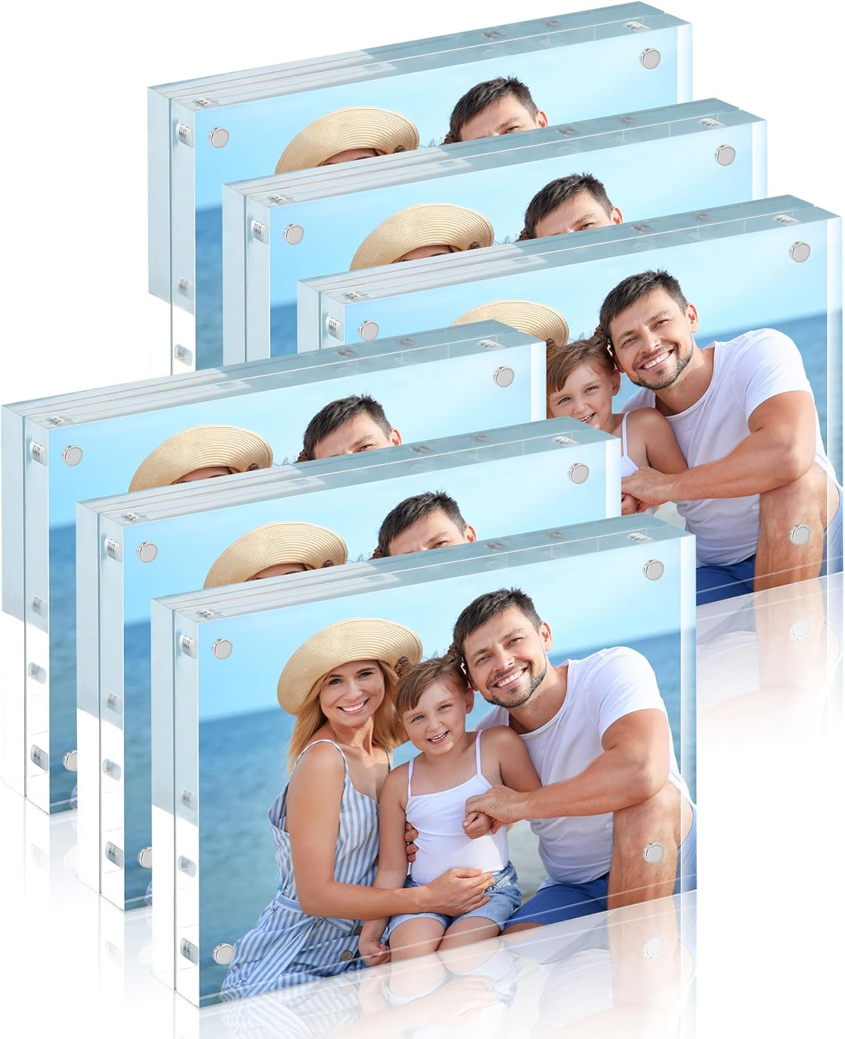 HOUSE DAY Acrylic Picture Frames 5x7, 6 Pack Magnetic 5x7 Picture Frame, Double Sided Clear 5 x 7 Photo Frame with Microfiber Cloth, Frameless FreeStanding 5x7 Frame Gift for Desktop Display