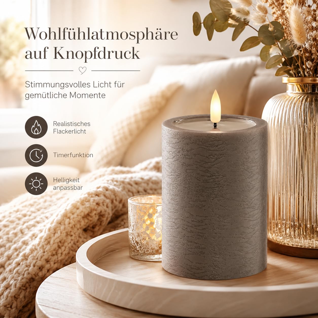 ReWu Deluxe Homeart Unikalna świeca LED, do użytku wewnątrz pomieszczeń, z realistycznym płomieniem, na lustrze z prawdziwego wosku, ręcznie wykonana, mokka, 10 x 15 cm