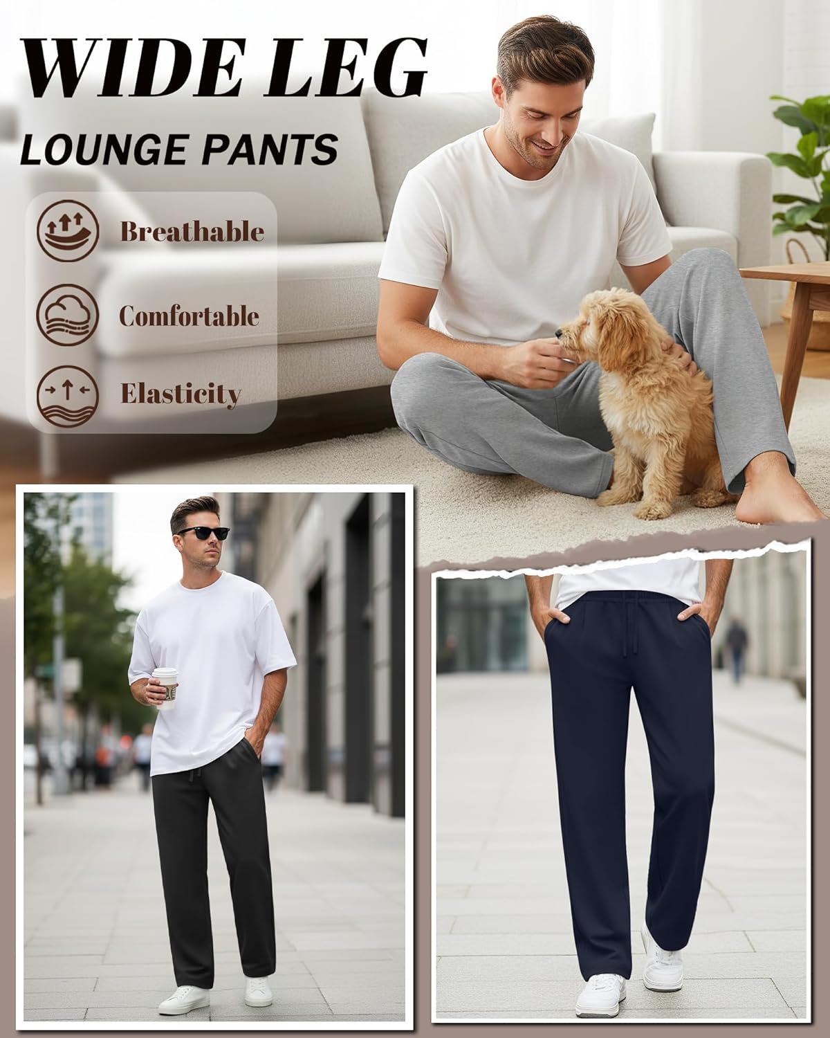 Neer 3 Pack Men's Drawstring Sweatpants Open Bottom Joggers Workout Athletic Tall Lounge Pants Wide Leg with Pockets - Image 5