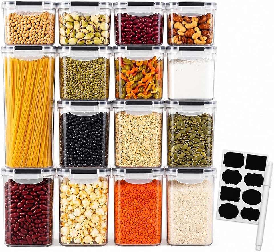 Kit 15 Potes Herméticos para Armazenamento de Alimentos e Mantimentos, Livre de BPA, Vedação de Silicone e Travas Laterais, Plástico PP, Empilháveis para Organização de Cozinha, Linha Gourmet Premium