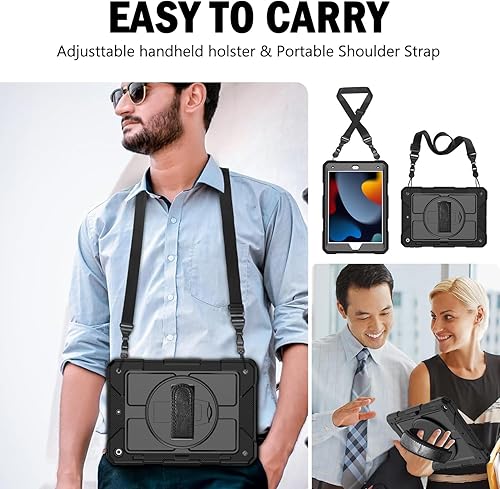 Miniatura 9 de BMOUO Funda para iPad de 9ª/8ª/7ª generación de 10.2", a prueba de golpes con soporte giratorio de 360°, correa de hombro y mano, funda para iPad