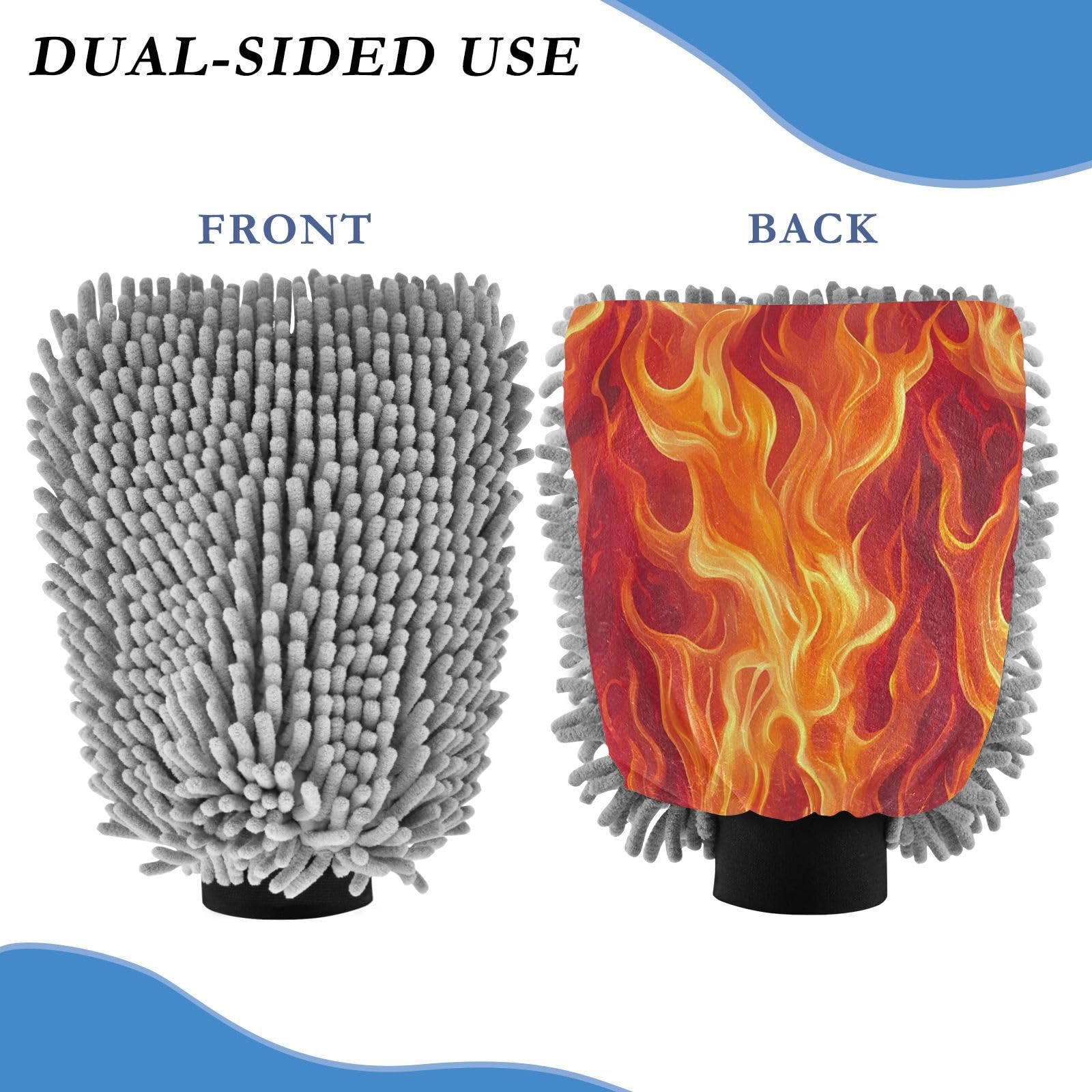 STAYTOP Orange Fire Car Wash Mitt Microfiber, 2Pcs Scratch Free Lint-Free, Premium Chenille Microfiber Mitt Car Wash Brush-L