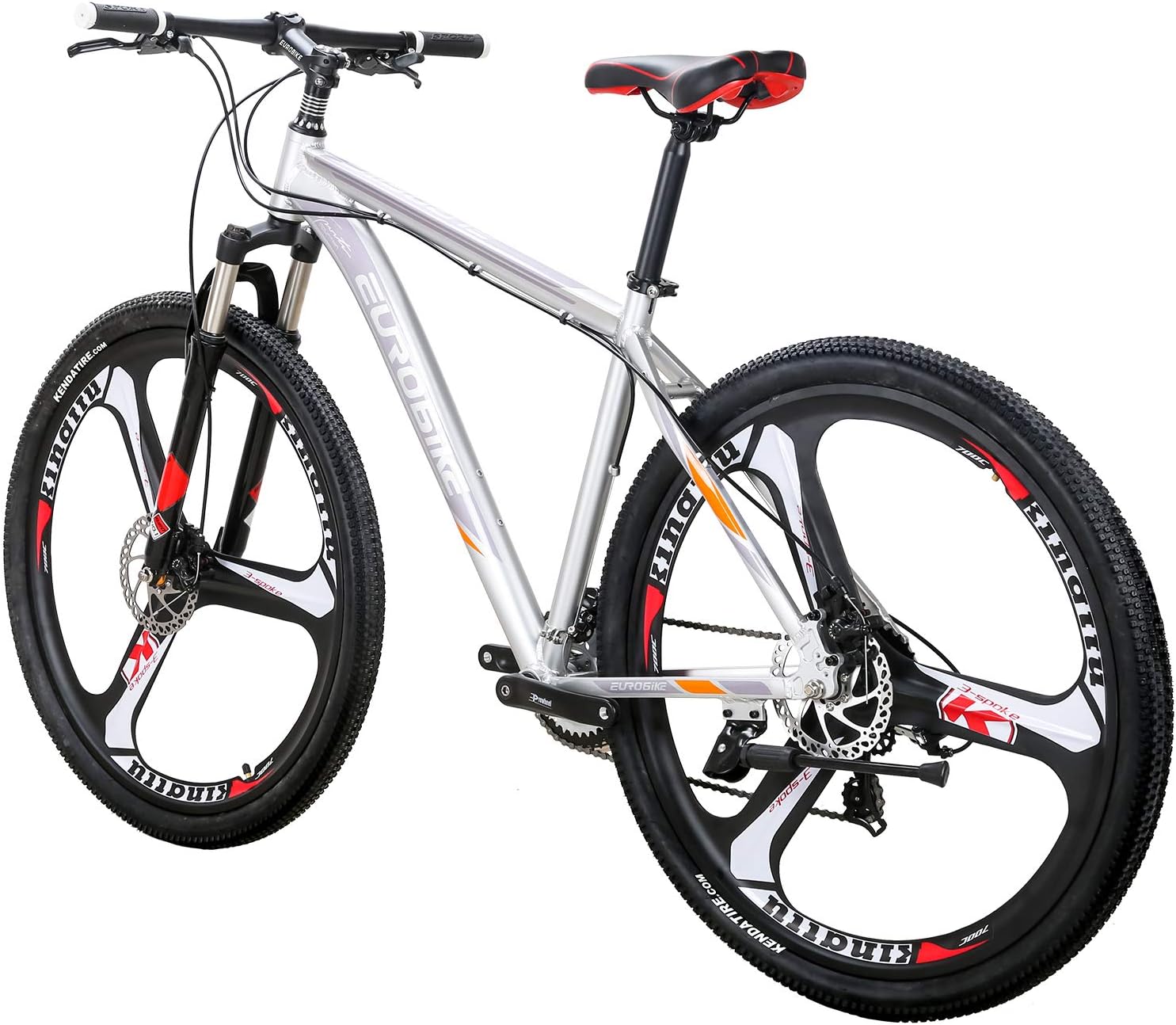 EUROBIKE OBK X9 29er Mens Mountain Bike 29 Inch Wheels Aluminum Frame 21 Speed Dual Disc Brakes Front Suspension Bicycle for Men … (3 Spoke Mag Wheels Silver)