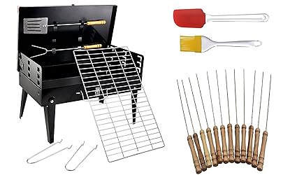 Inditradition Combo Pack Briefcase Charcoal Barbeque Grill With 12 Skewers, Fork, Tong, Oil Brush & Spatula (Metal, Black), Free Standing