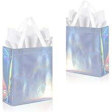 KEYYOOMY Iridescent Holographic Gift Bags Medium Size Iridescent Shiny Reusable Gift Bags with White Handles and Tissue Paper Party Favor Bag Goody Bag 8Wx4Dx10H, 20 Pcs