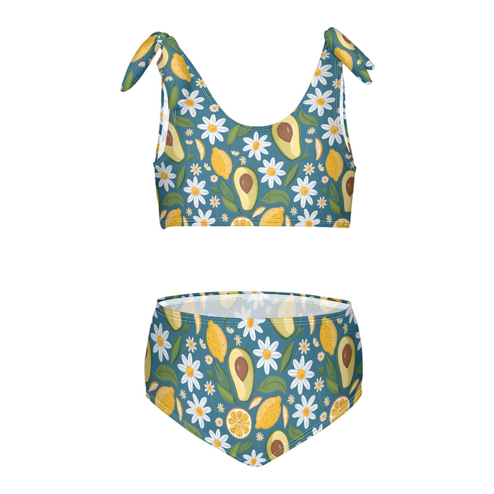 Lemon Daisy Avocado Girls Two Piece Tankini Swimsuits Summer Bathing Suit Beach Swimwear Set, 9-10T