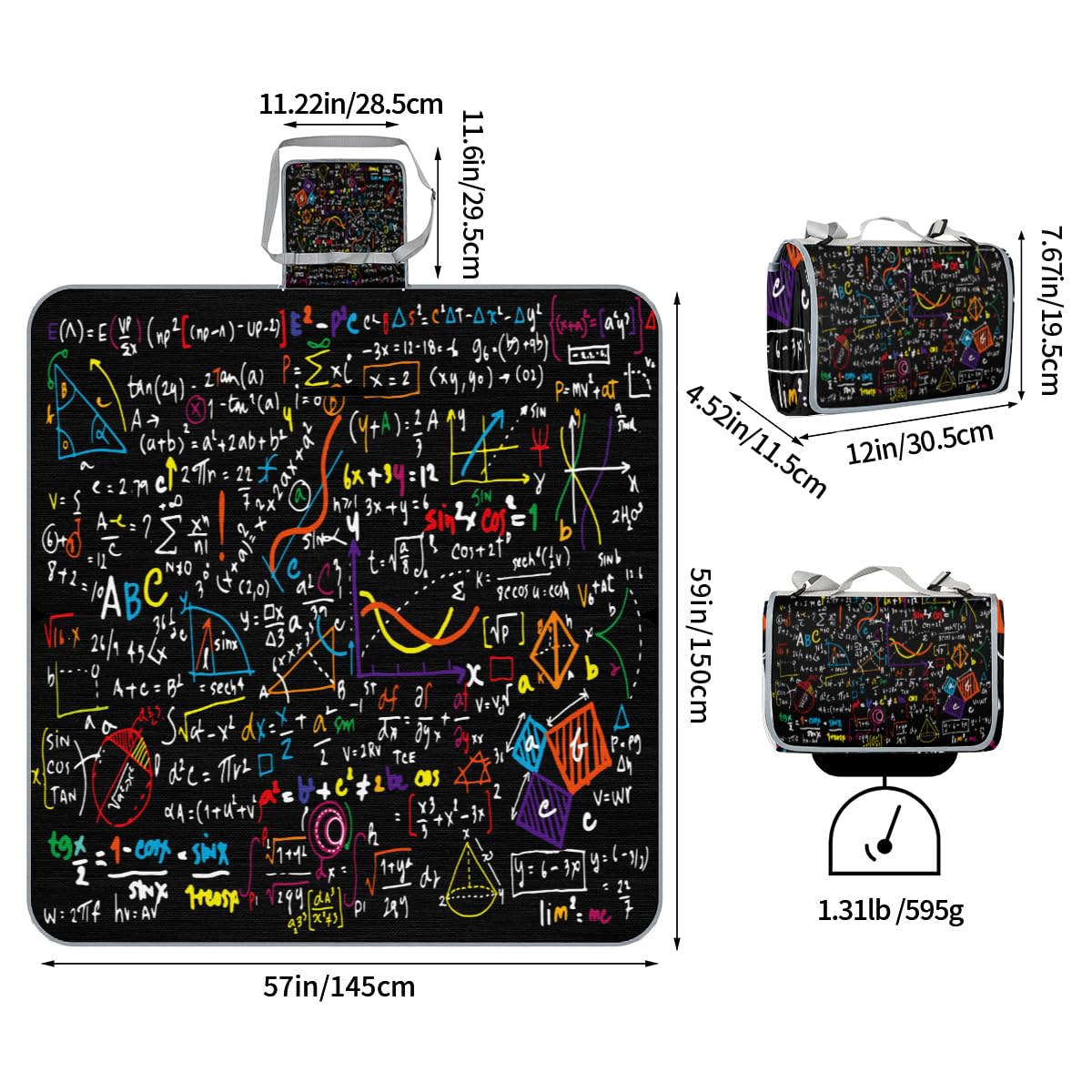 Shimoshe Picnic Blankets 57”x 59”, Colorful Educational Math Geometric Formulas Waterproof Sandproof Picnic Mat Lightweight Foldable Beach Blanket for Camping Park Grass Beach Outdoor Blanket