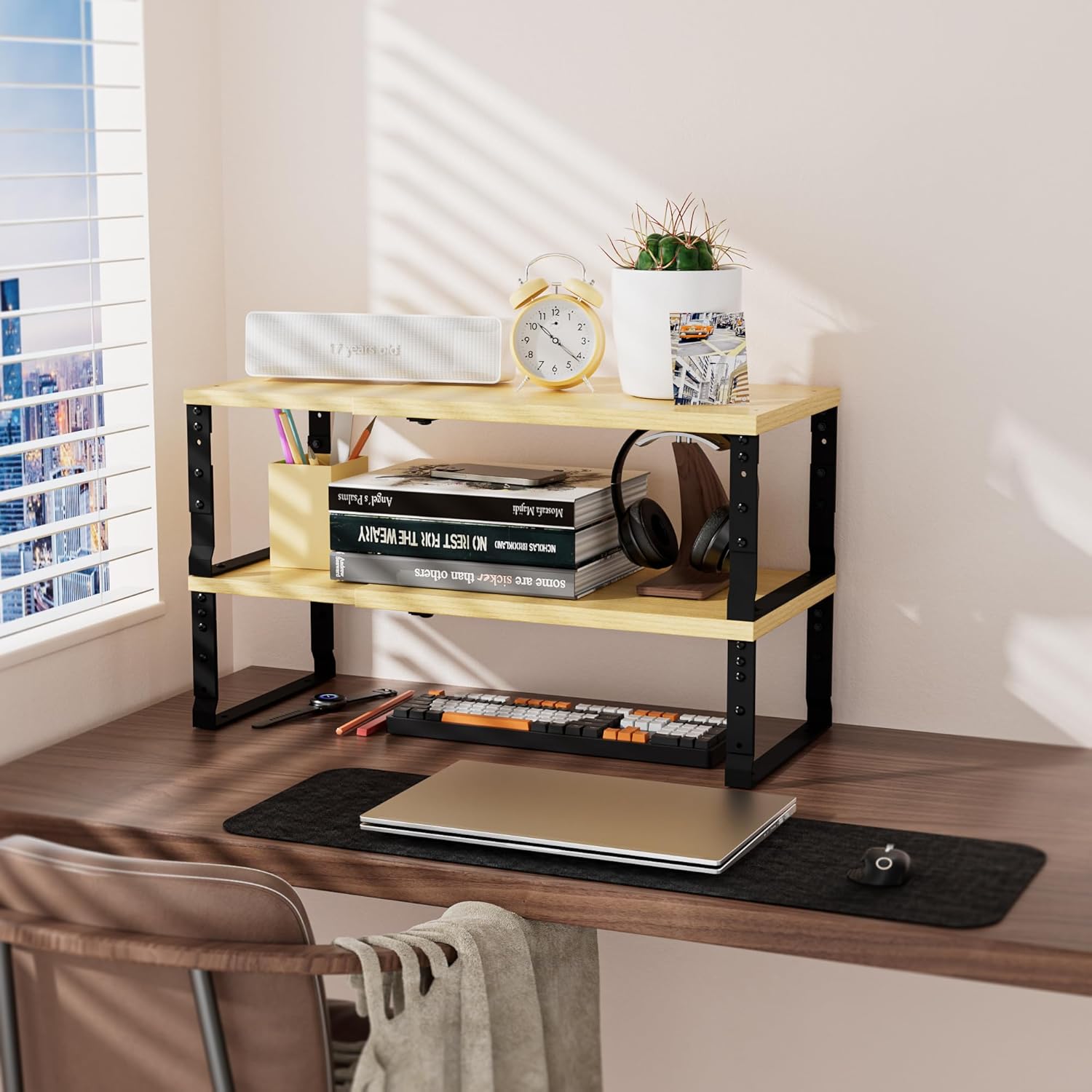 Adjustable Metal Shelving Unit, Stackable & Expendable Storage Rack for Home/Office/Kitchen, Space-Saving，Sturdy&Durable，Easy Assembly (1PACK/Large/Black/Burlywood